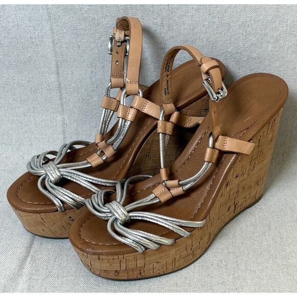 Coach Georgiana Womens Sz 6B Wedge Sandal Metallic Strappy Leather Platform Cork - Picture 2 of 6